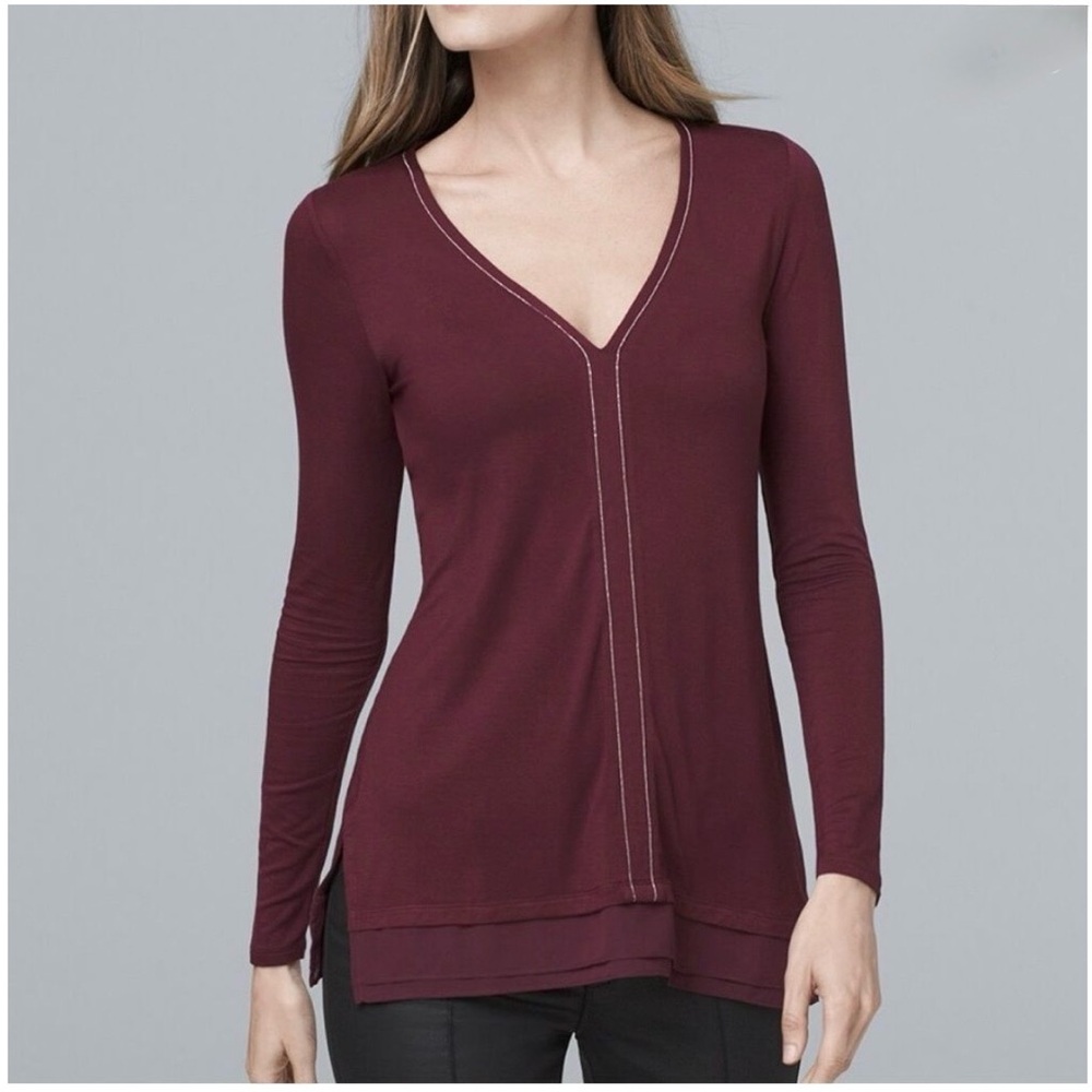 WHBM PORT WINE CHAIN DETAIL V-NECK TOP